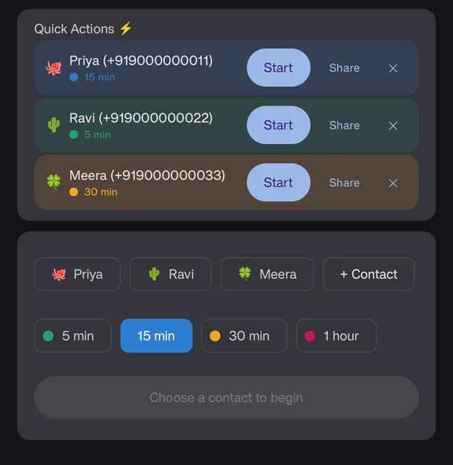 OTP Relay's home screen: quick actions for three saved contacts, the contact chips, and durations of 5, 15 and 30 minutes and 1 hour